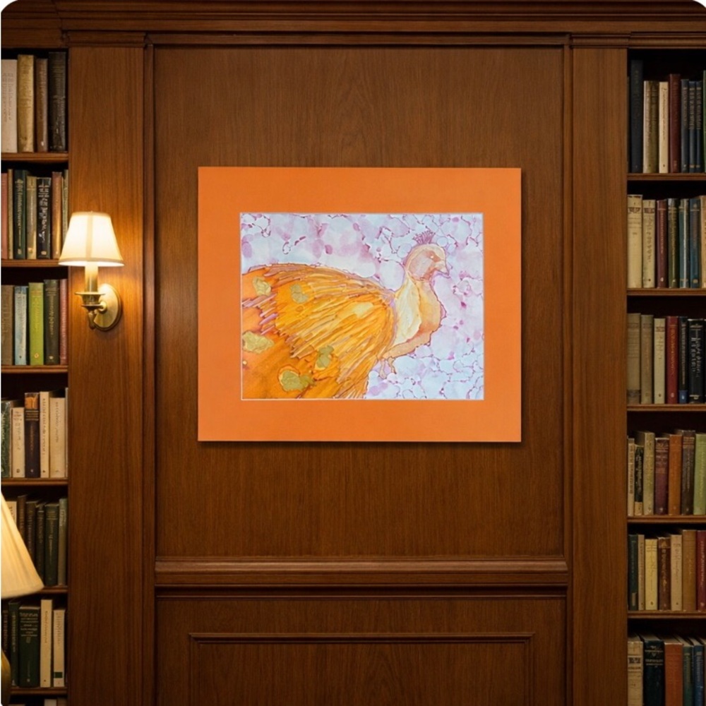Handcrafted original orange Peacock alcohol ink painting wall art - Picture 3 of 8